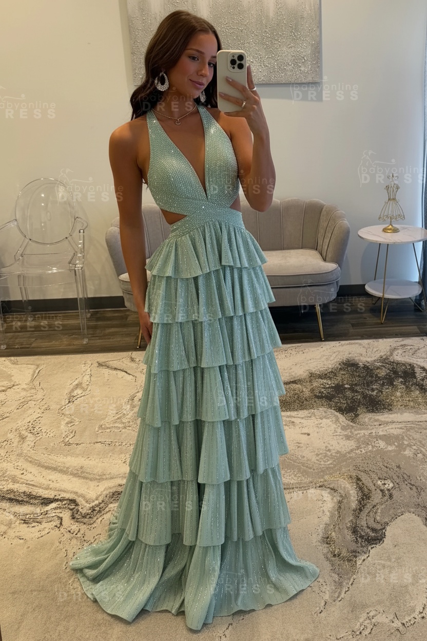 Halter Aline Prom Dress Sequined V-Neck High Split Evening Dress Long