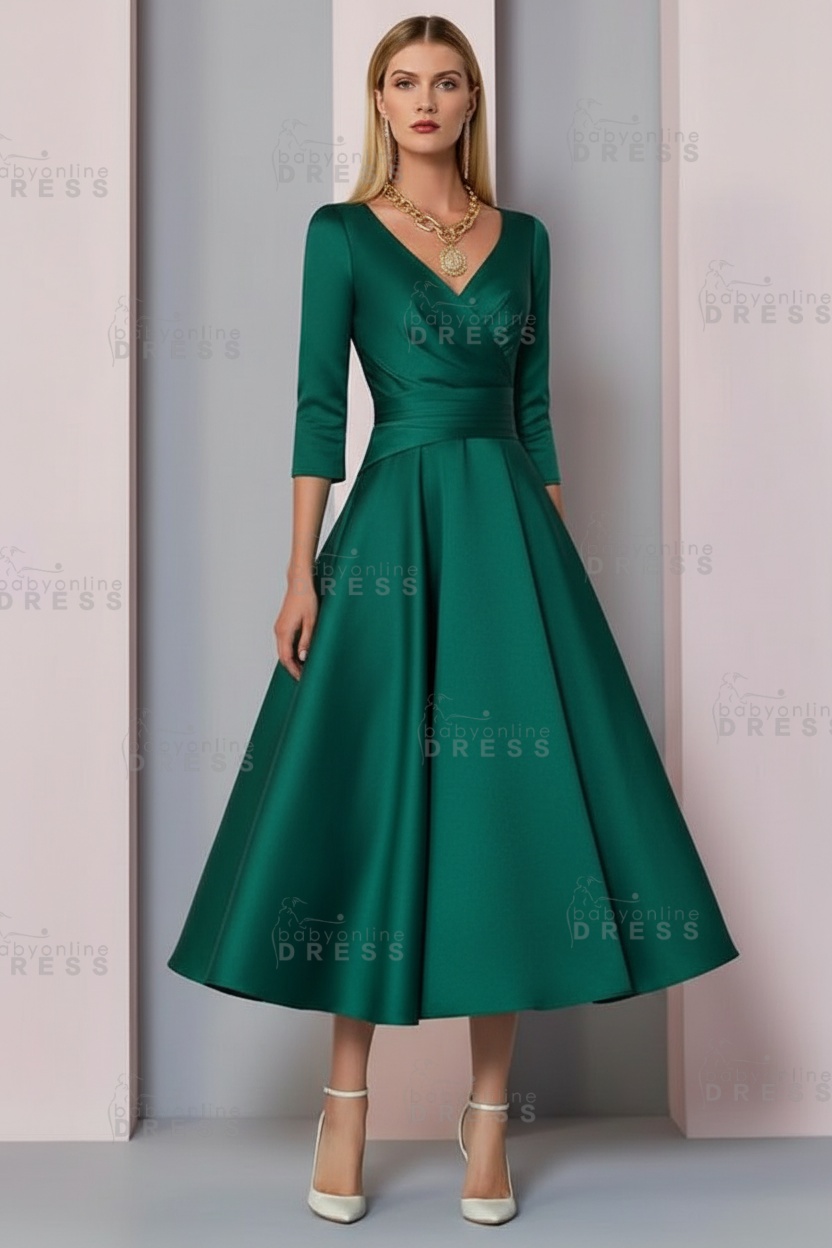 Half Sleeves White Ankle Length Mother of the Bride Dress V-Neck Satin Wedding Guest Dress