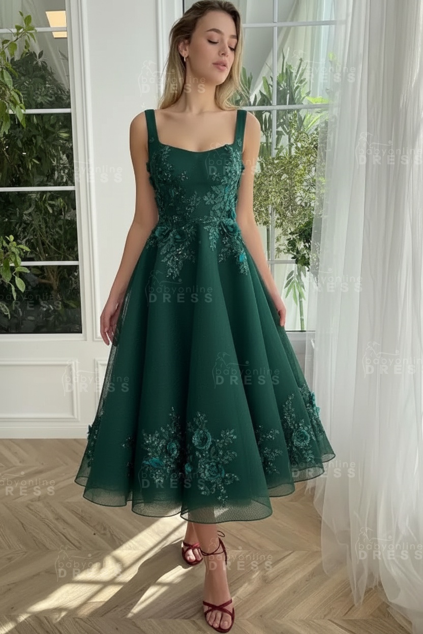 Burgundy Ankle length square neck Homecoming Dress Tulle Aline Formal Dress