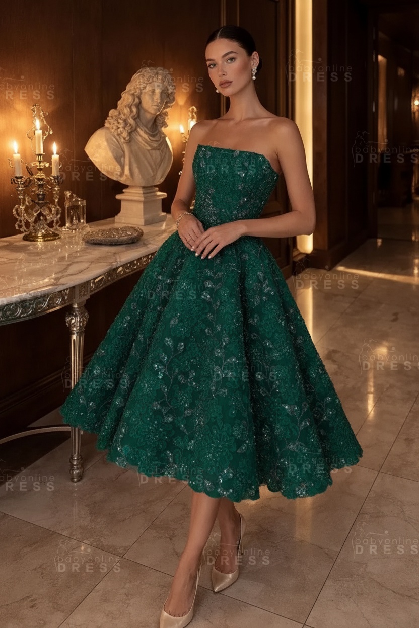 Strapless Yellow Floral A-Line Tea Length Prom Dress with Beadings