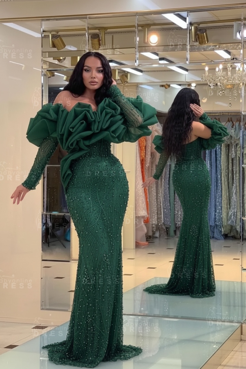 Bubble Sleeves Long Mermaid Prom Dress with Sequins and Beadings