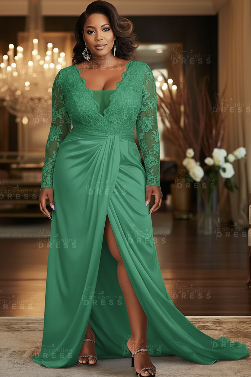 V-neck Appliques Lace Long Sleeve A-Line Prom Dresses with Slit