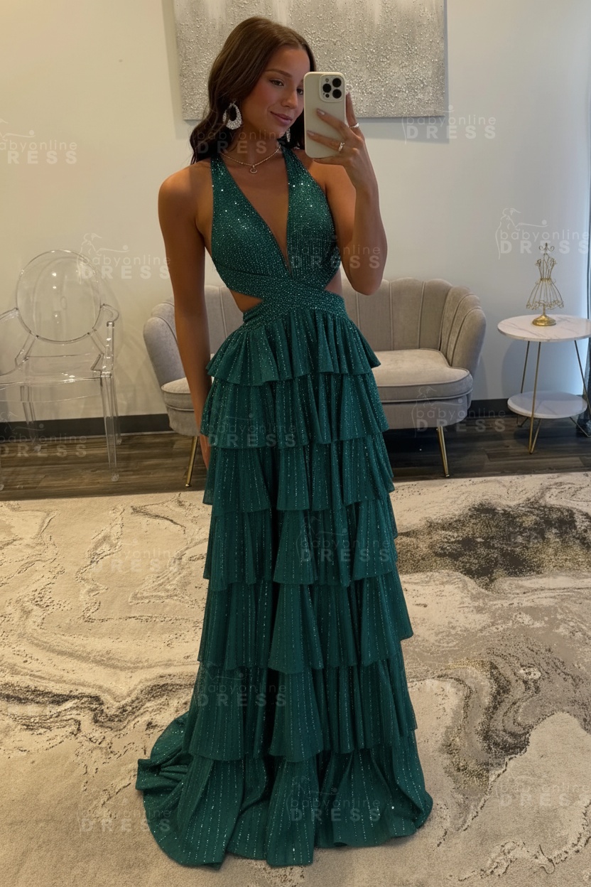 Halter Aline Prom Dress Sequined V-Neck High Split Evening Dress Long