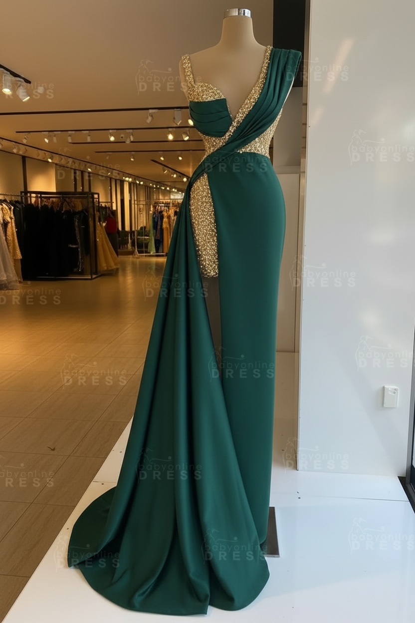 Luxury Satin Prom Dress Sleeveless with Sequins Sleeveless Evening Gown