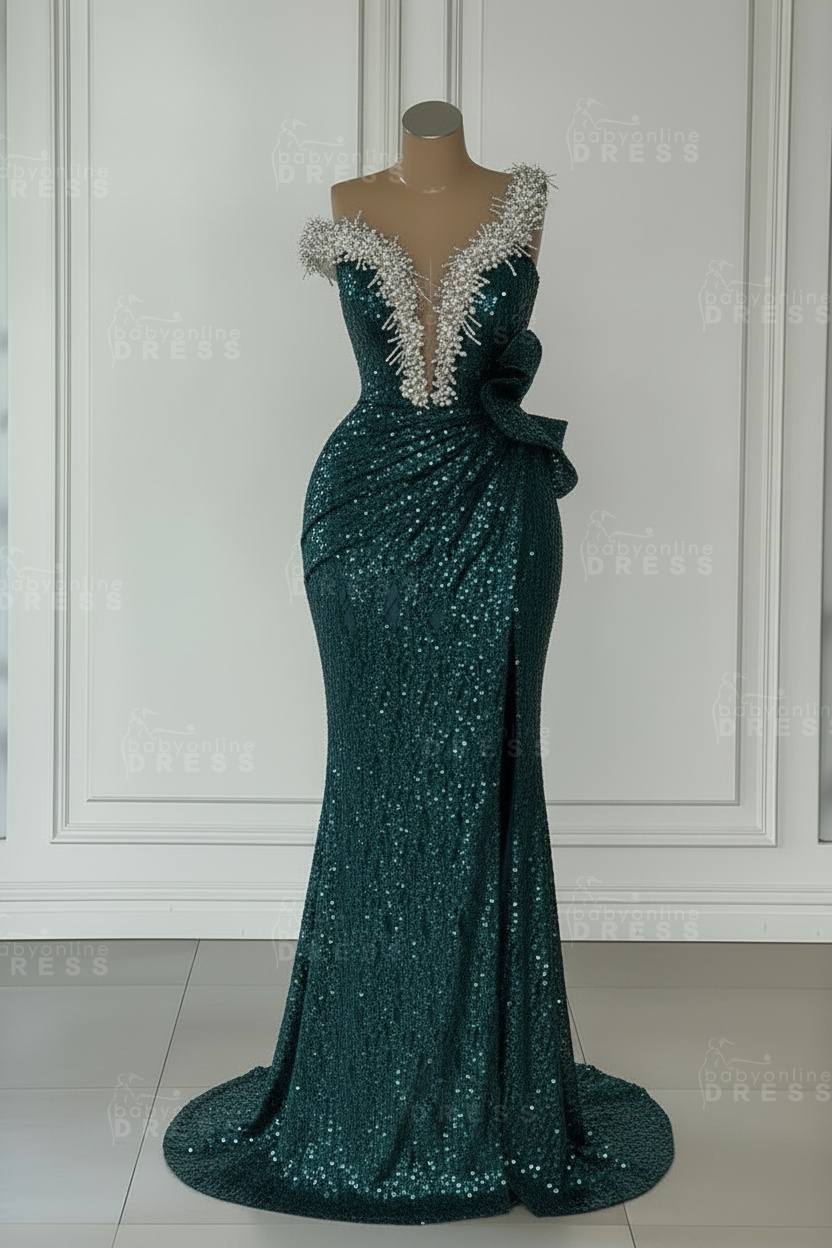 One Shoulder Sequins Sleeveless Long Mermaid Prom Dress