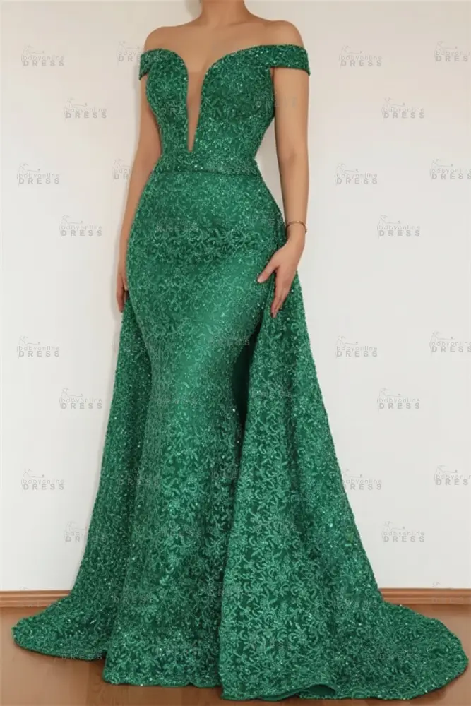 Burgundy Glamorous Mermaid Off The Shoulder Lace Appliques Prom Dress With Detachable Skirt