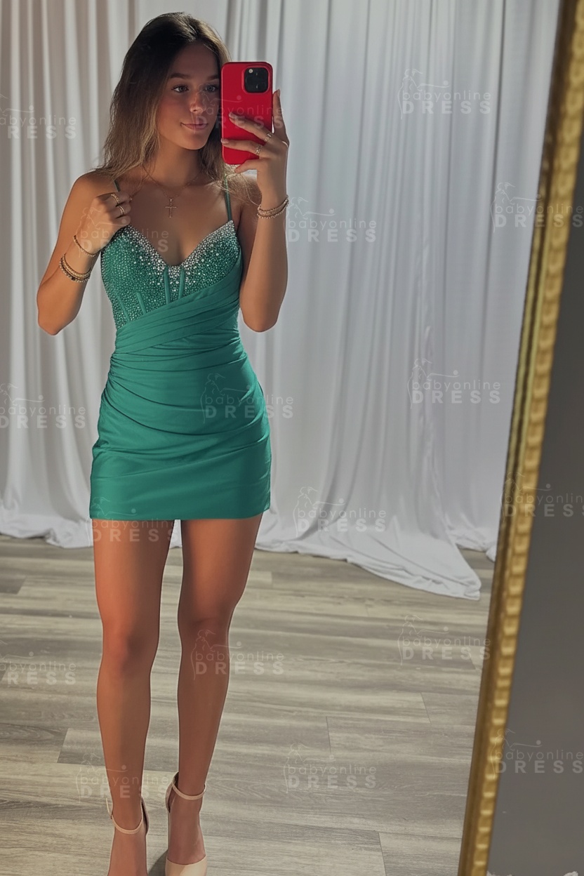 Spaghetti Straps Satin Tight Short Homecoming Dress with Beadings