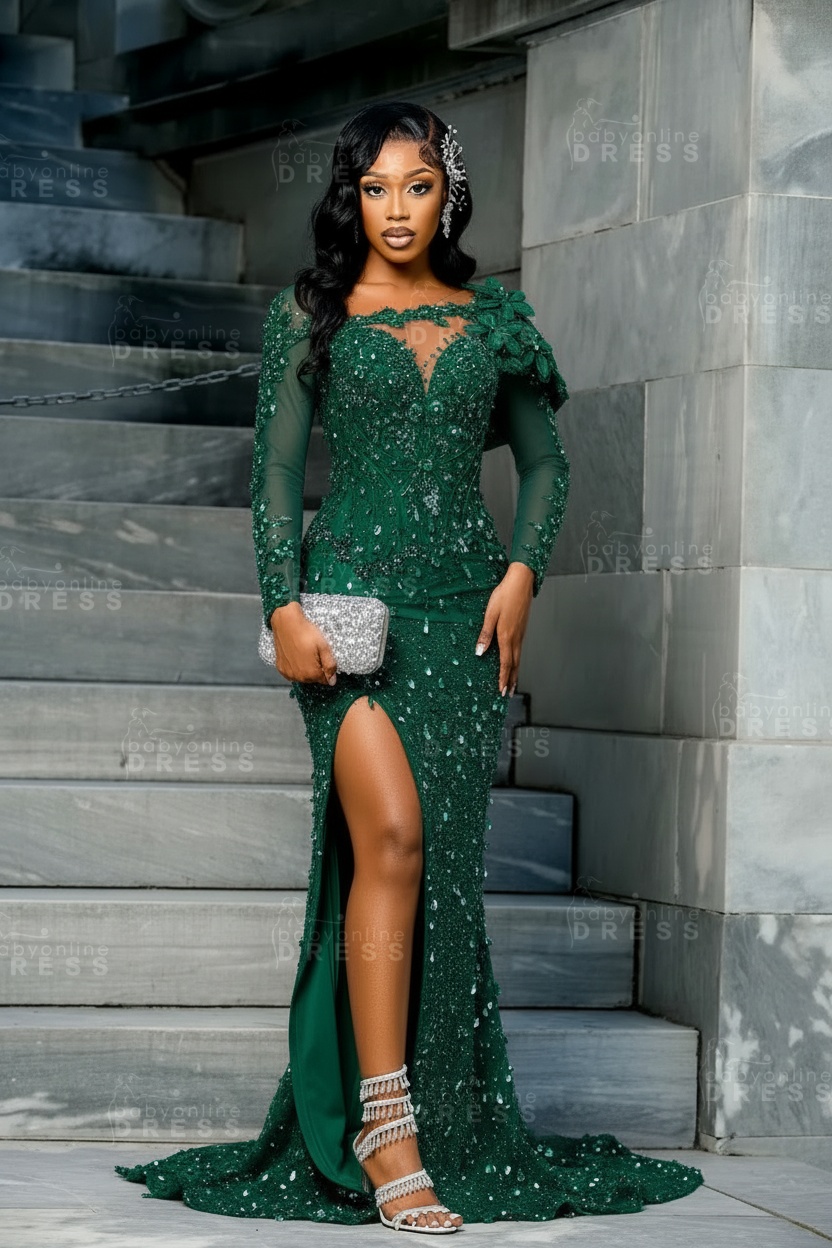 Sparkly Sky Blue Mermaid Prom Dress Beadings Long Sleeves Evening Gown Flowers with High Slit