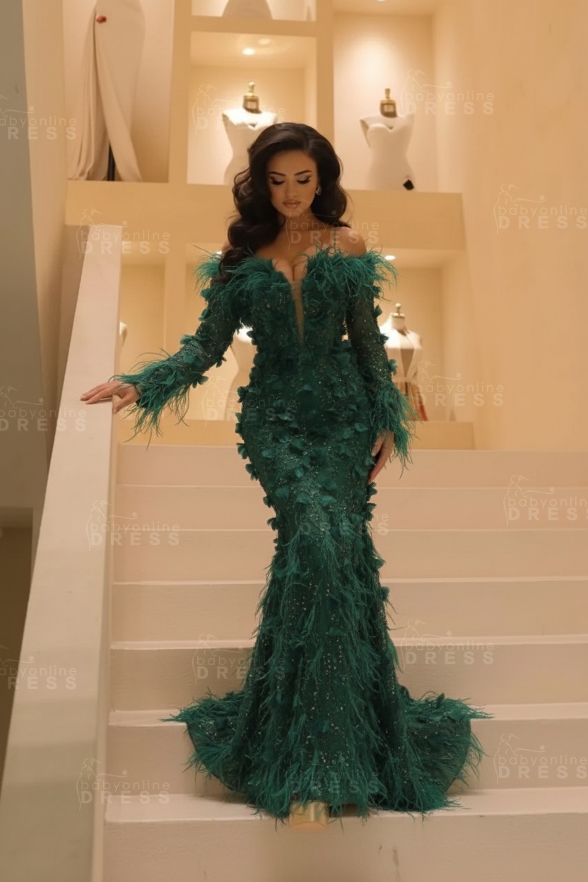 V-neck Long Sleeves Mermaid Evening Dresses Floor Length with Flowers