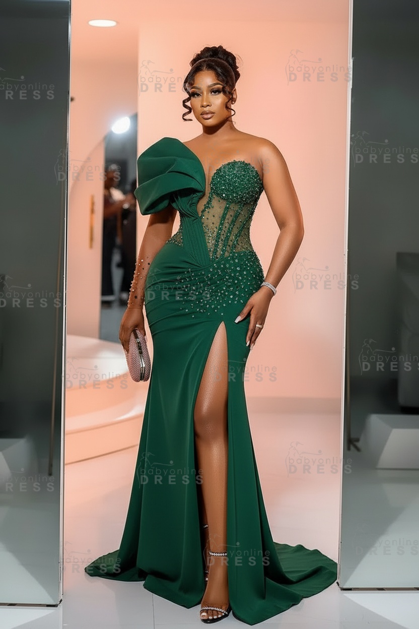 One-Shoulder Long Sleeves Corset Beadings Mermaid Prom Dress with High Split