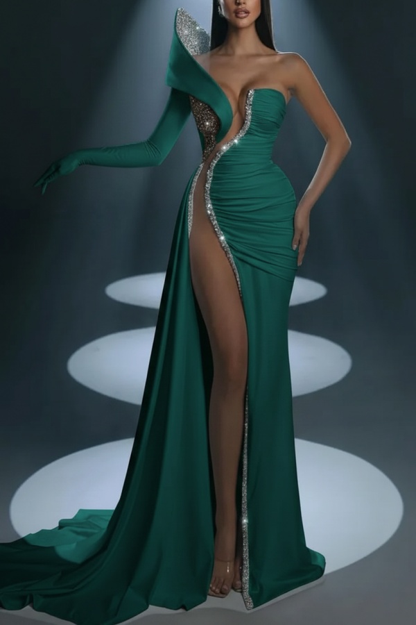 White One shoulder High Split White Court Train Prom Dresses