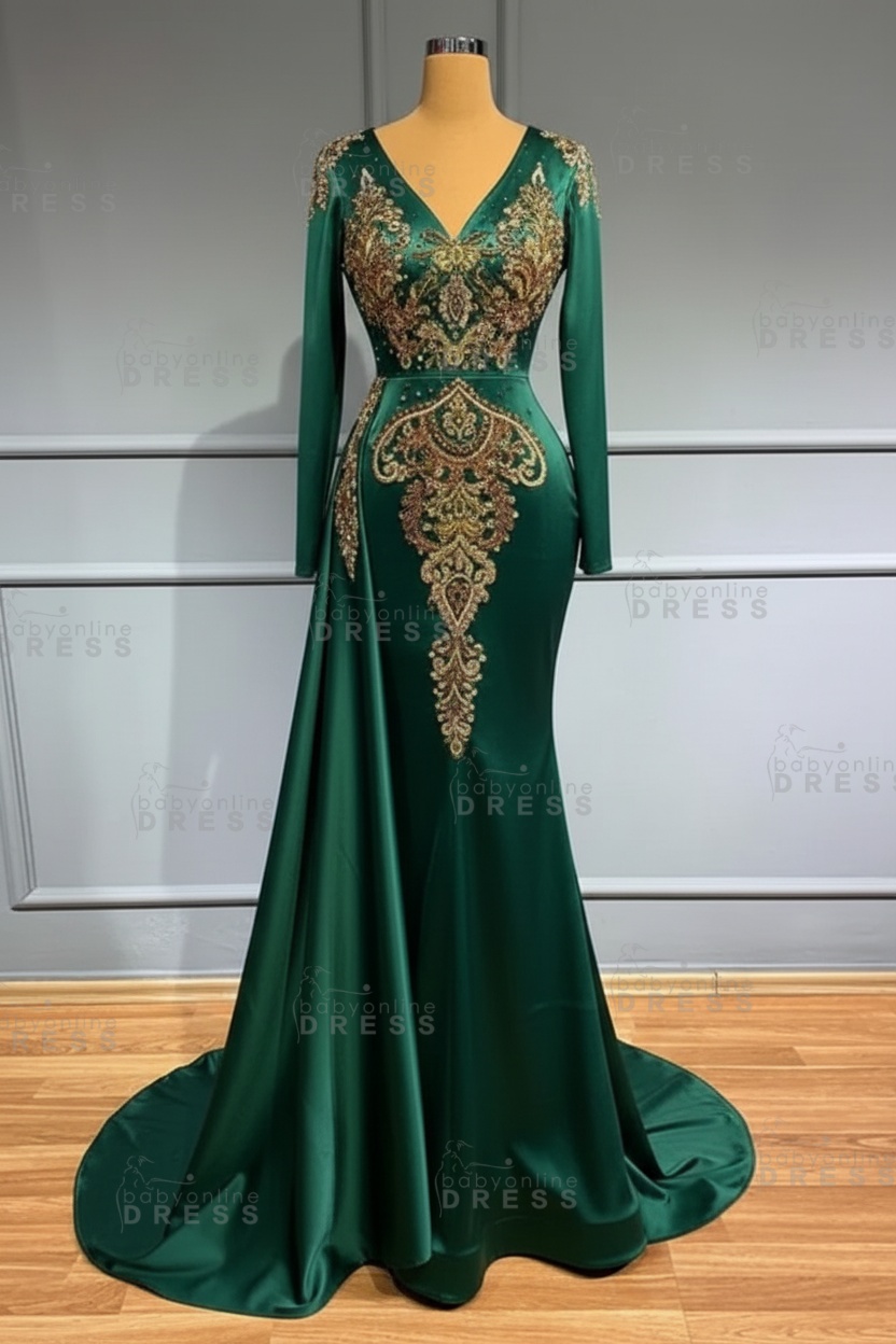 Glamorous V-Neck Long Sleeves Mermaid Prom Dress with Crystals