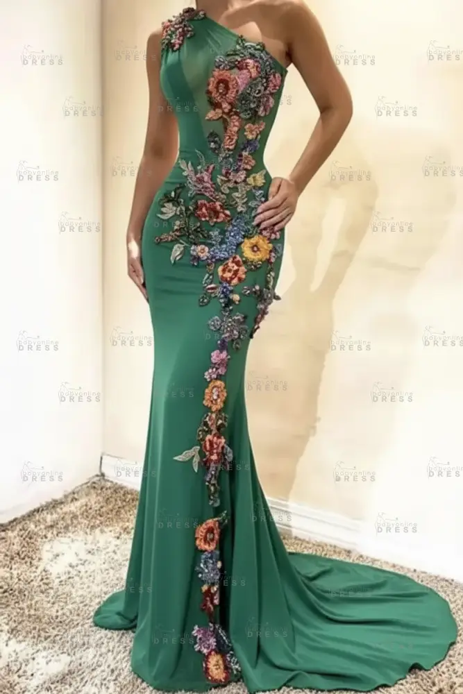 Amazing One-Shoulder Floral Pattern Beadings Floor-Length Mermaid Prom Dress 