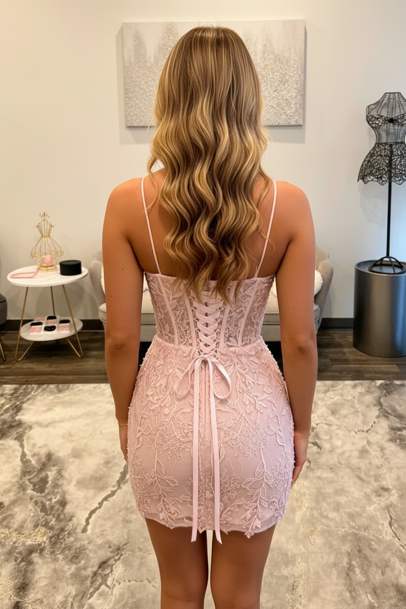 Pink Spaghetti Straps Lace Corset Short Tight Homecoming Dress
