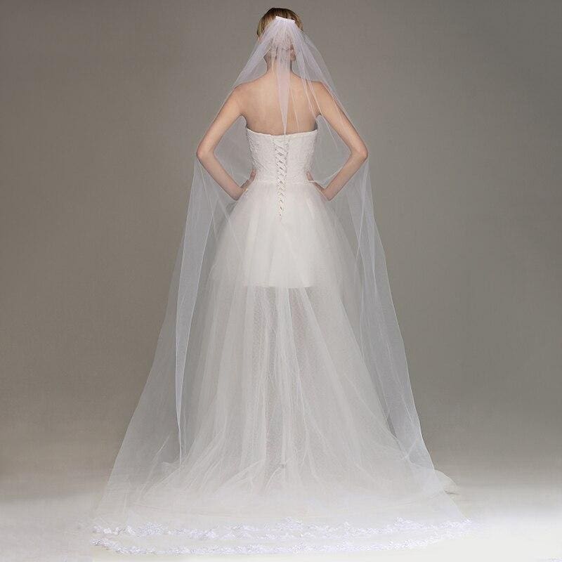 Lace Edge Ivory Appliqued Long Wedding Veils | Babyonlinewholesale-Babyonlinewholesale