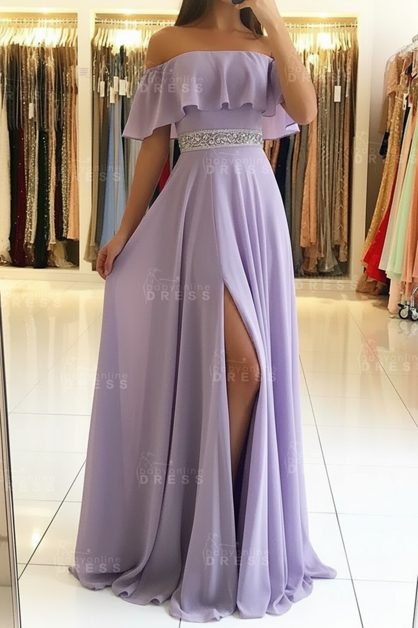 Sky Blue Off The Shoulder Evening Dresses Sexy | Chiffon Side Slit Prom Dress with Crystals Belt