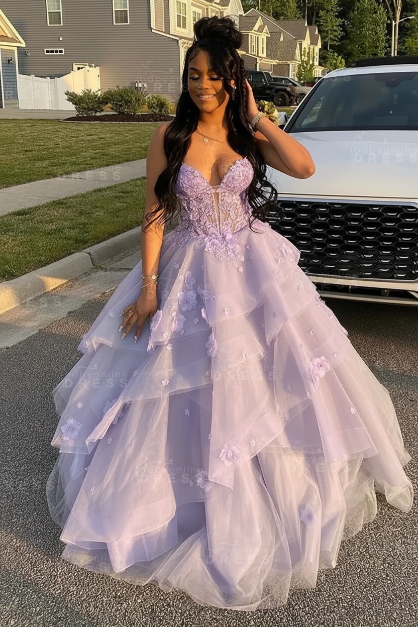 Sleeveless V-Neck Tulle Aline Prom Dress Floral Tiered Ruffles Corset Evening Dress