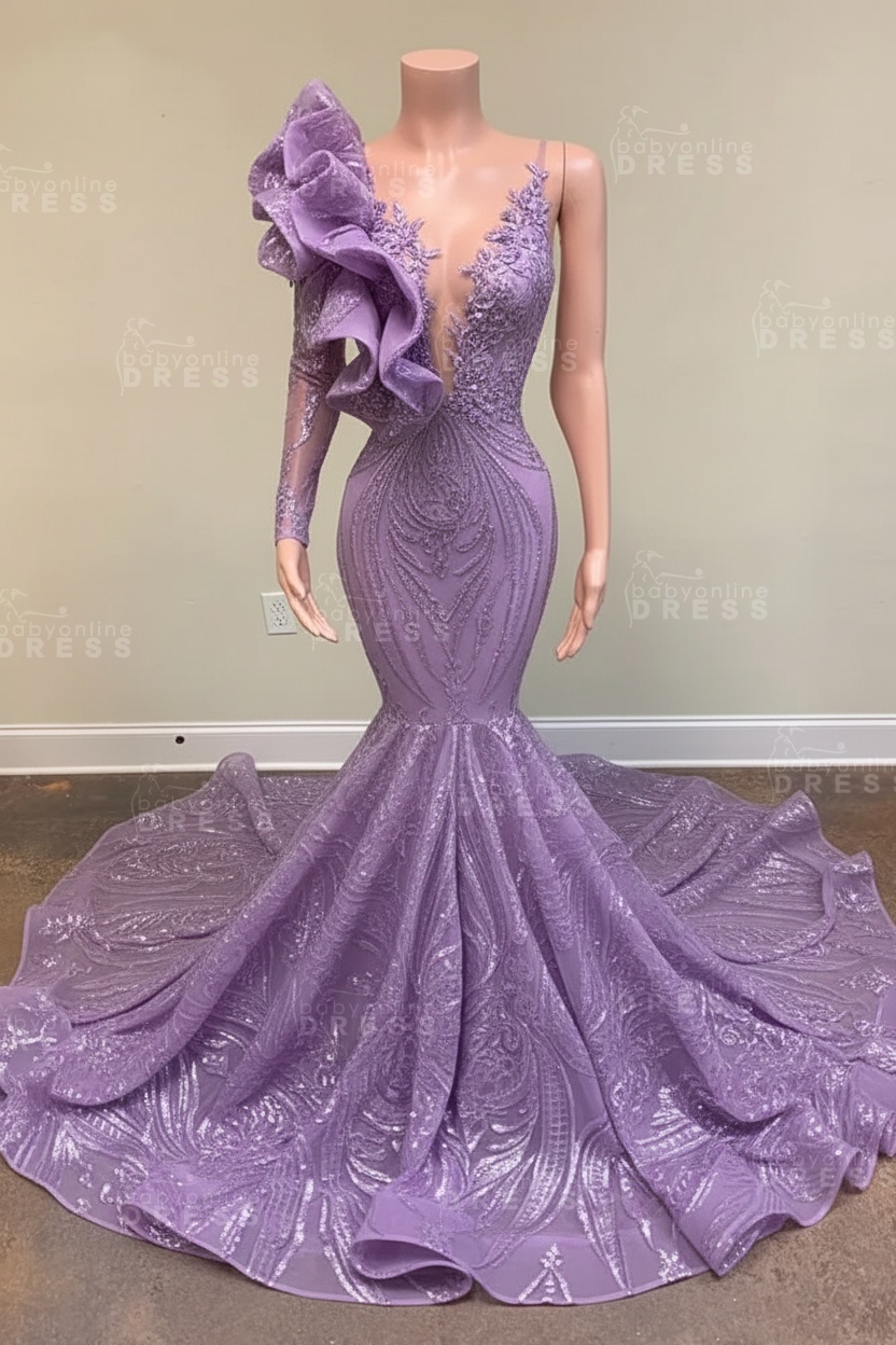 Chic Black Long Sleeve Asymmetrical Floor Length Mermaid Prom Dress