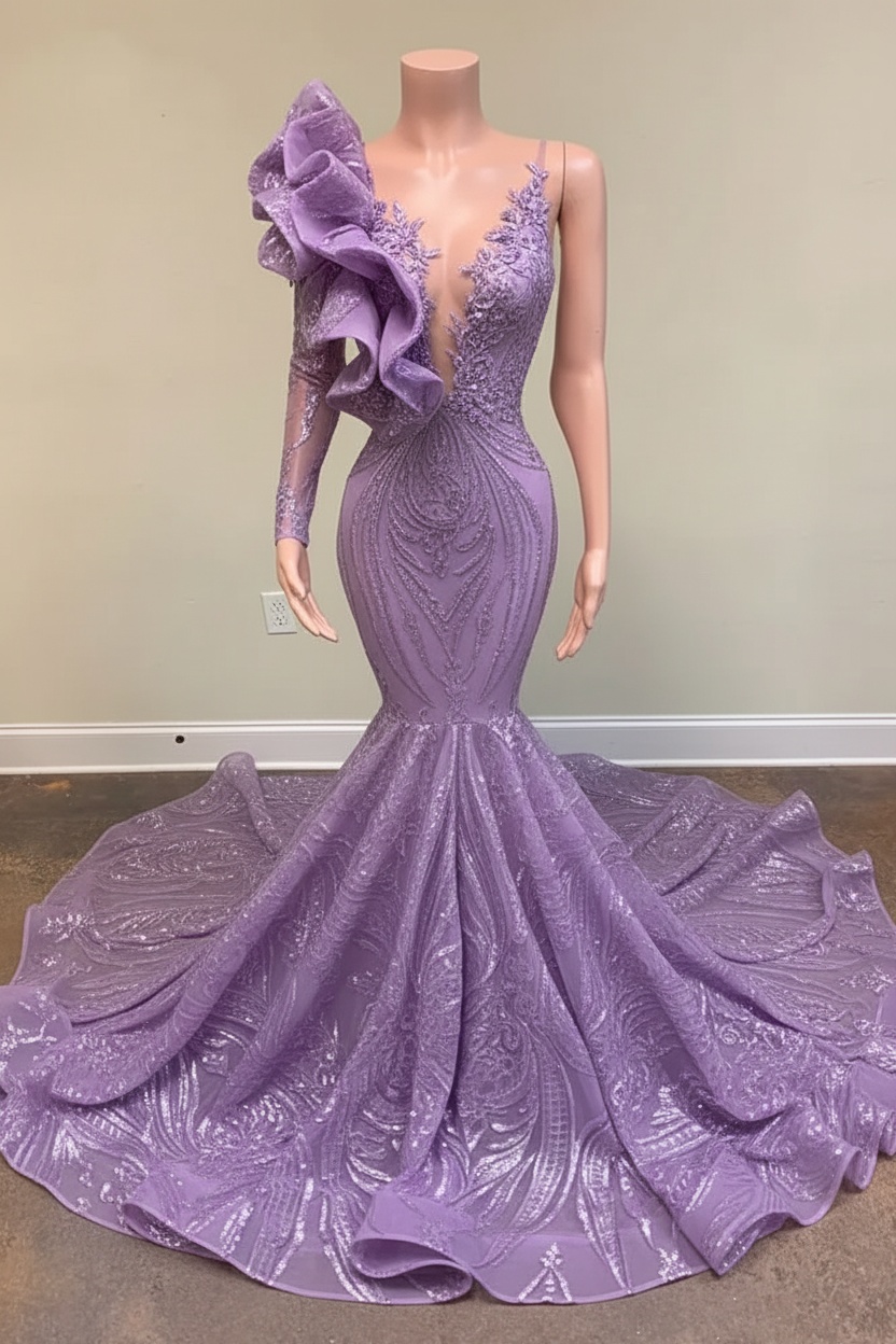 Chic Black Long Sleeve Asymmetrical Floor Length Mermaid Prom Dress