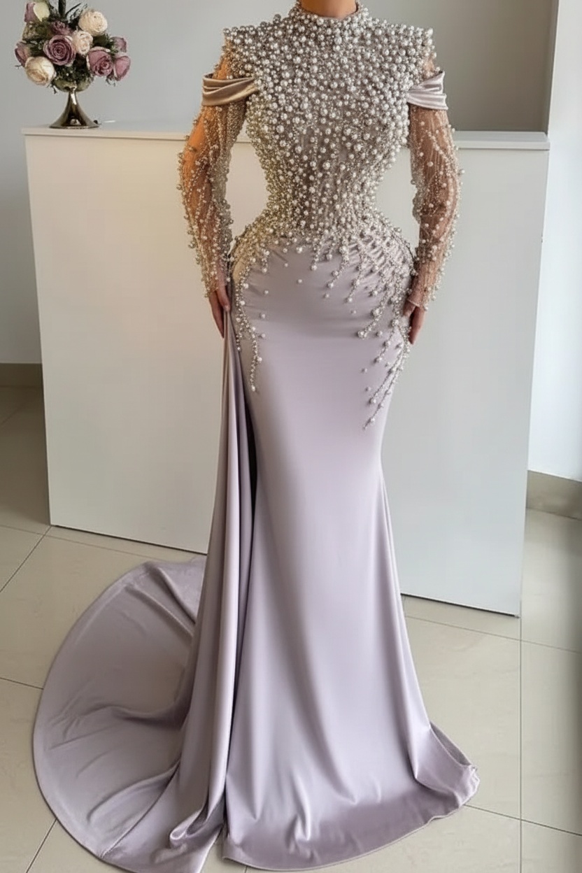 Unique High Neck Beading Long Sleeve Mermaid Prom Dresses