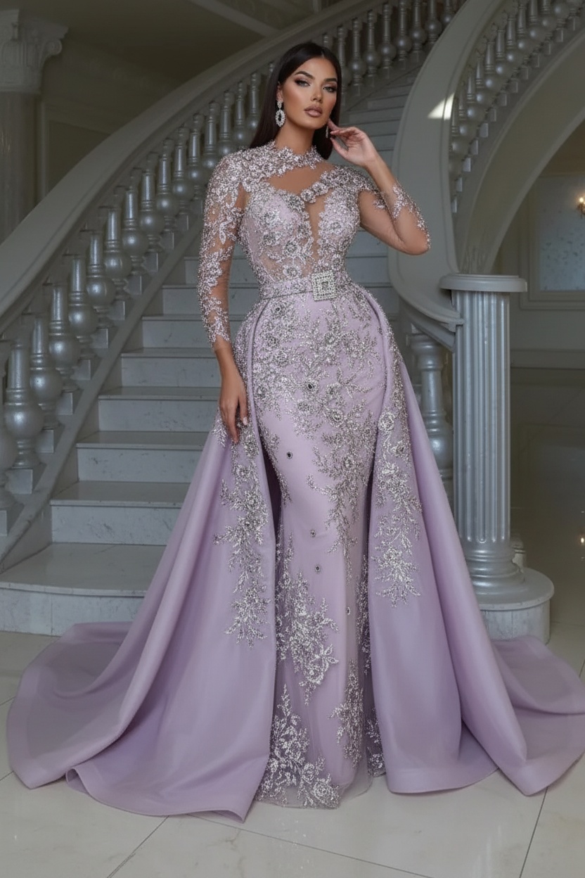Blushing pink Long sleeves Overskirt Lace Prom Dresses