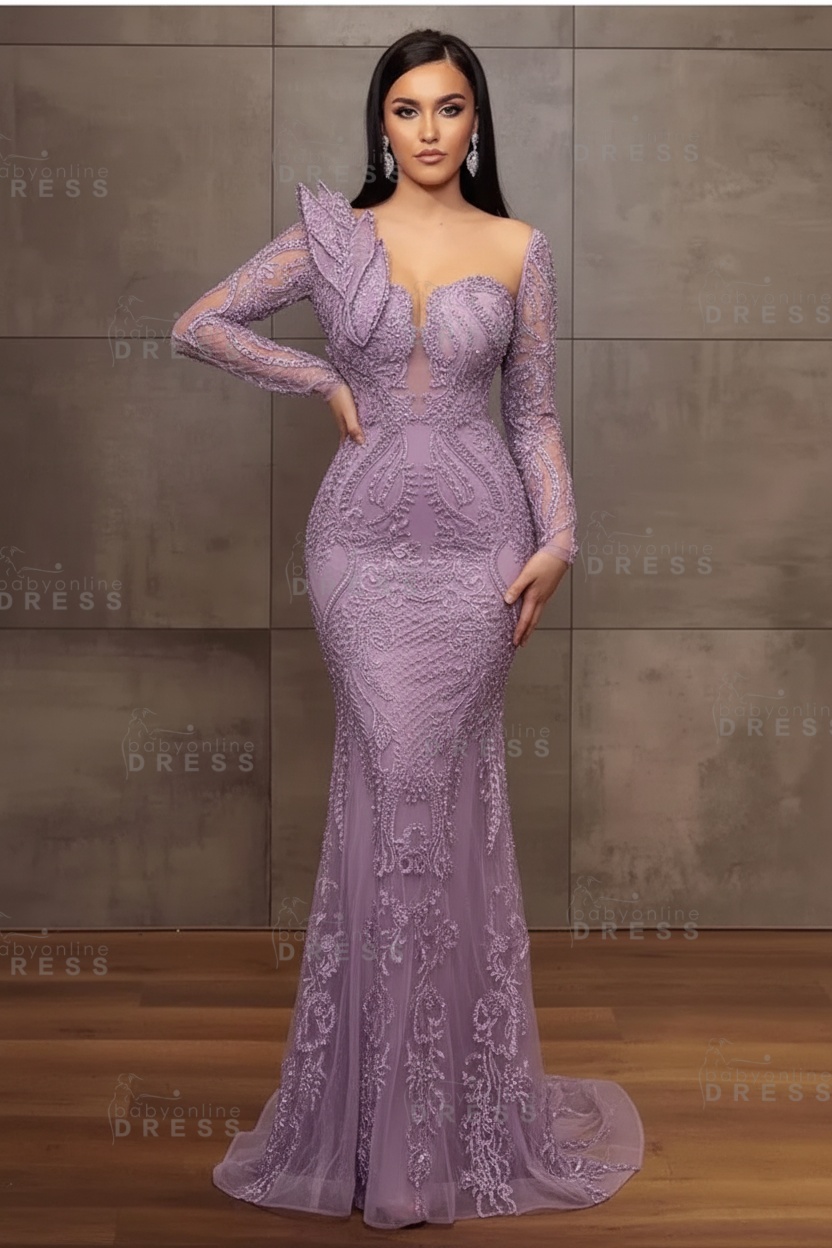 Stunning Burgundy Beadings Long Sleeves Mermaid Prom Dress