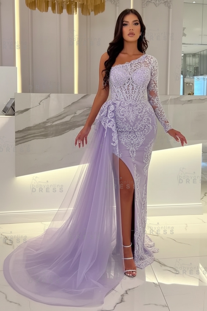 Sexy Sky blue One-shoulder Mermaid Prom Dress Tulle with High split