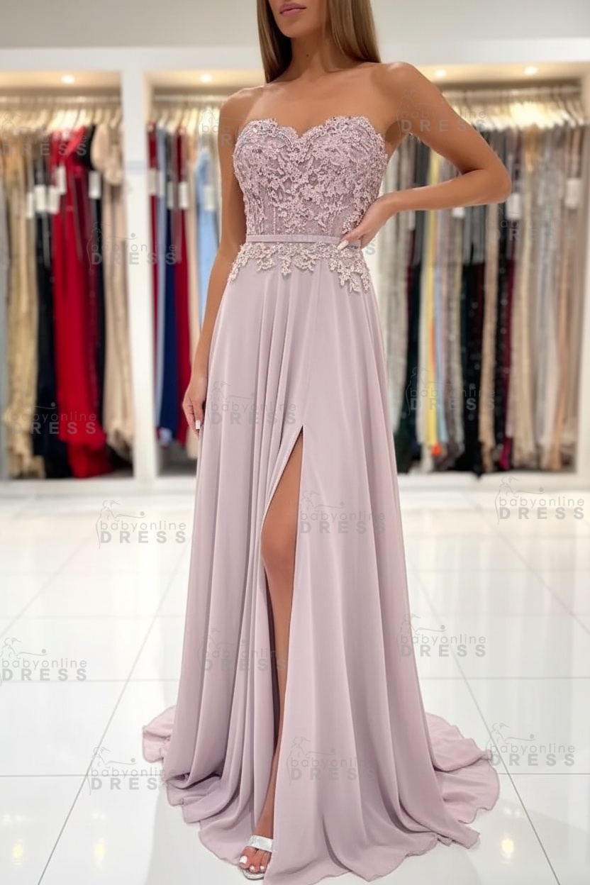 Sweetheart Strapless A-Line Chiffon Floor Length High Split Prom Dress