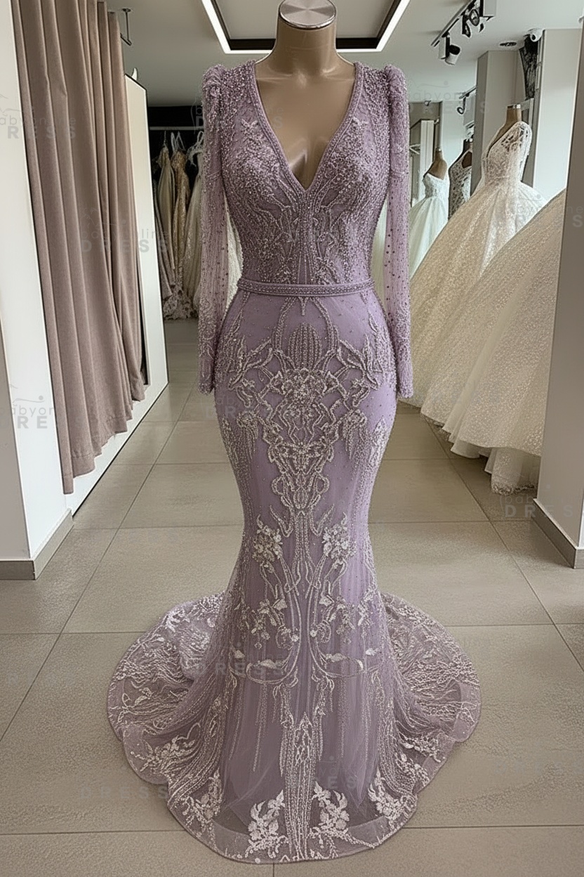Gorgeous Mermaid Lace Beading V Neck Long Sleeves Prom Dresses | Evening Gowns With Beading Waistband