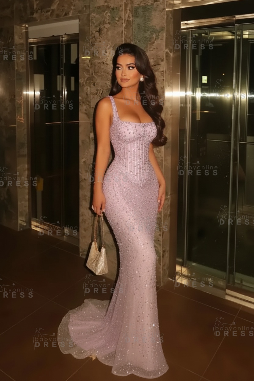 Glitter Spaghetti Straps Sequins Mermaid Prom Dress Floor Length