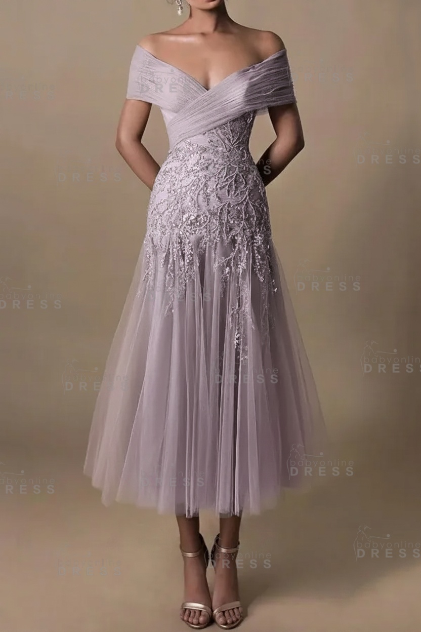 Champagne V-Neck A-Line Tea Length Prom Dress Tulle Mother of the Bride Dress