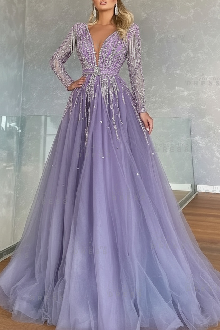Long Sleeves V-neck Ball Gown A-line Prom Dress with Beadings