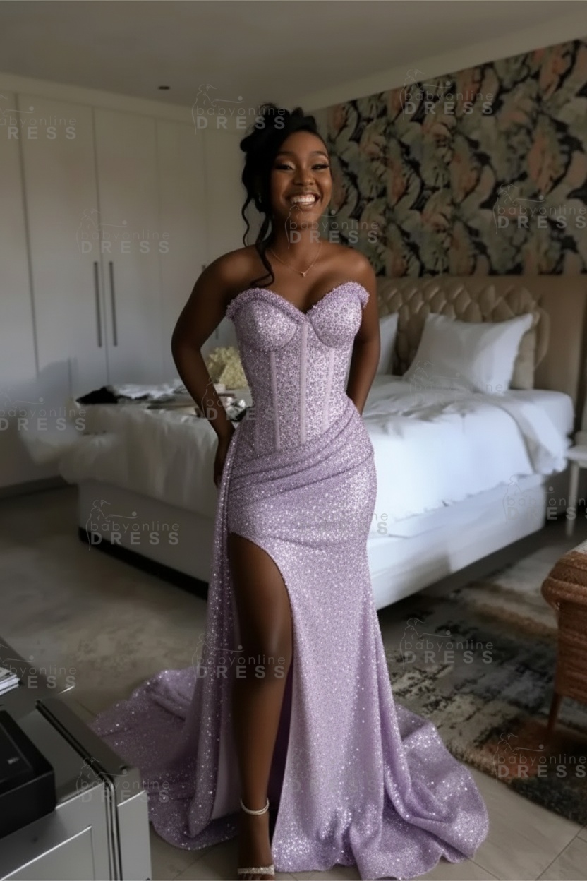 Sexy Orange Mermaid Prom Dress with Sequins High Split Strapless Long Party Dress
