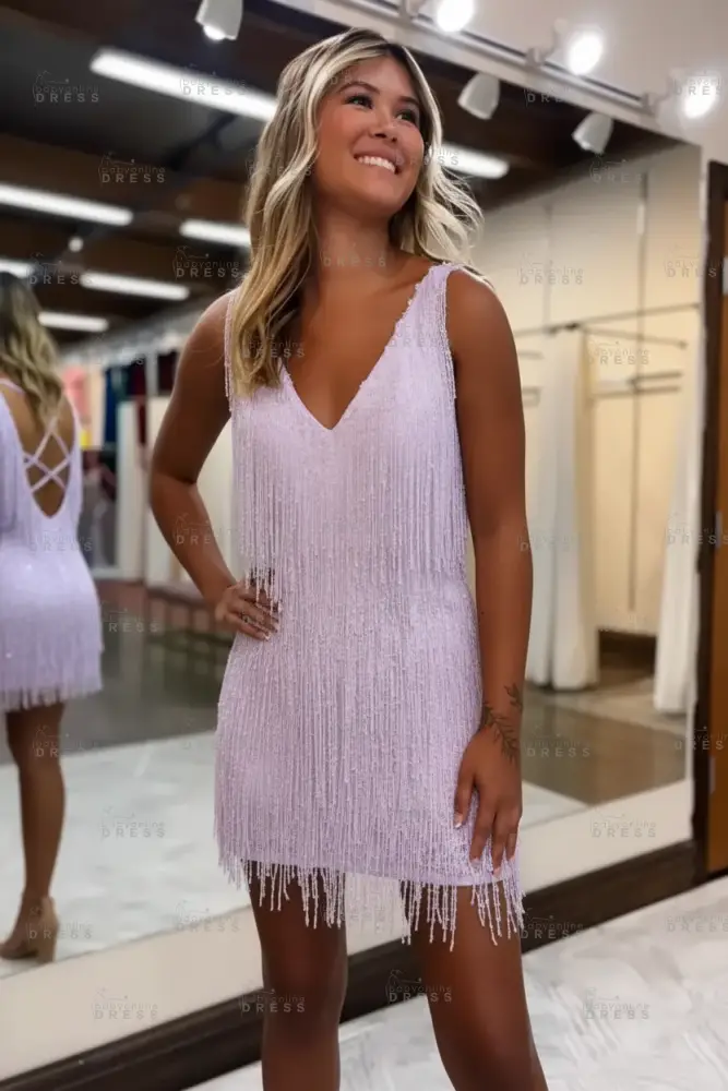 White V-Neck Backless Short Homecoming Dress with Tassels