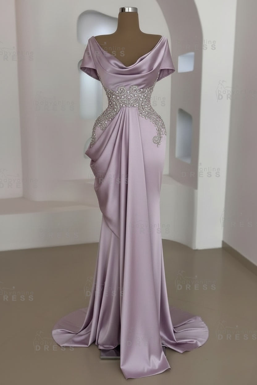 Short sleeves Mermaid Round neck Gray Prom Dresses