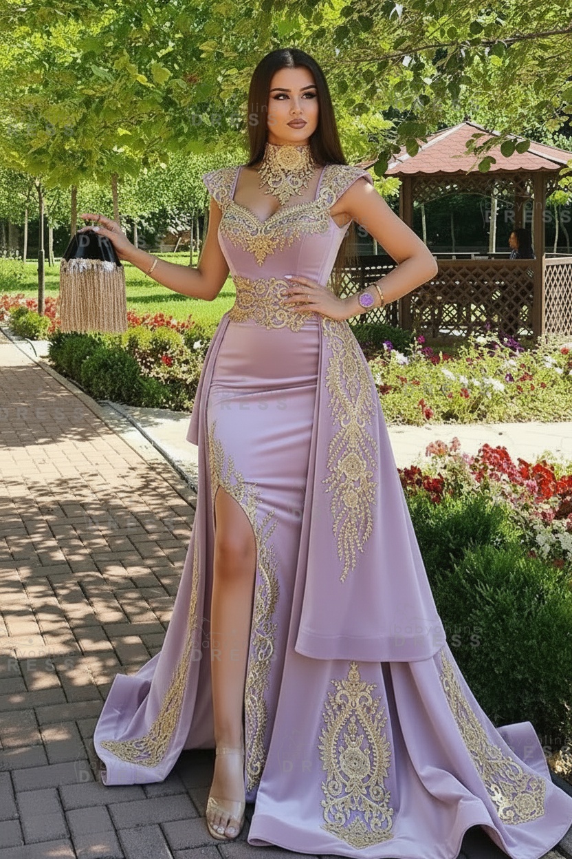 Dark Green Velvet Mermaid Evening Dress with Gold Lace appliques