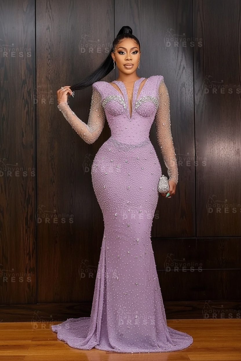 Green V-Neck Beadings Long Sleeves Floor-Length Mermaid Prom Dress