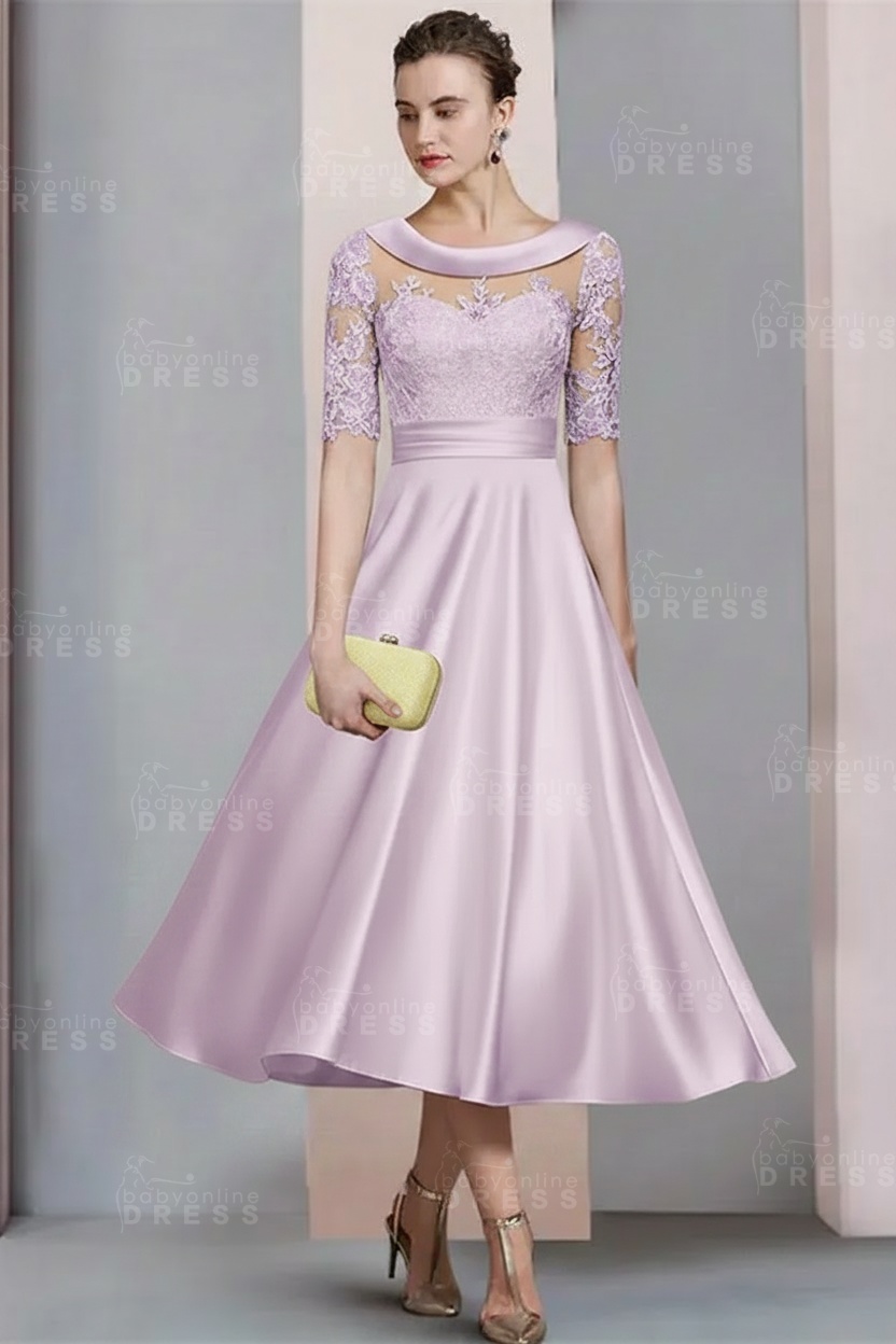 Elegant Ivory Jewel Lace Beading A-Line Tea Length Satin Wedding Guest Dress Formal Mother Dress