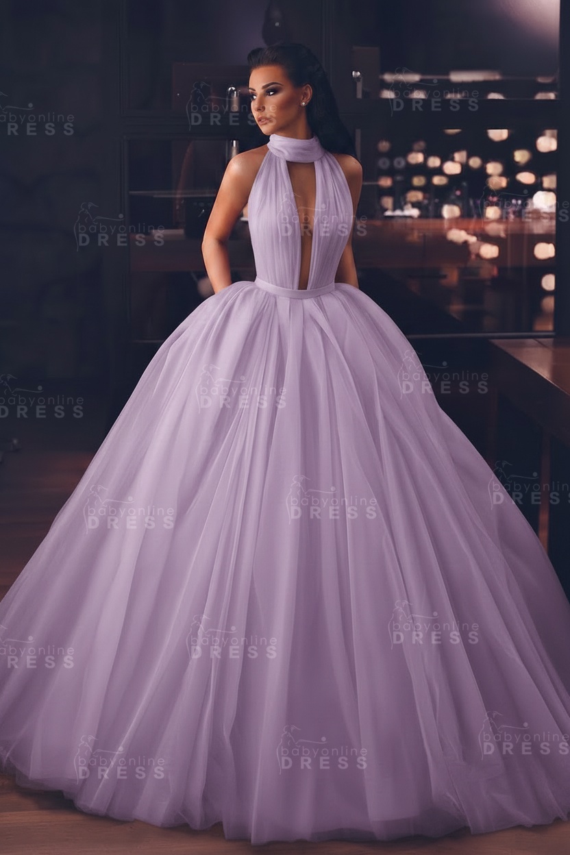 Sexy High-Neck Sleeveless Ball Gown Evening Dress with Pockets