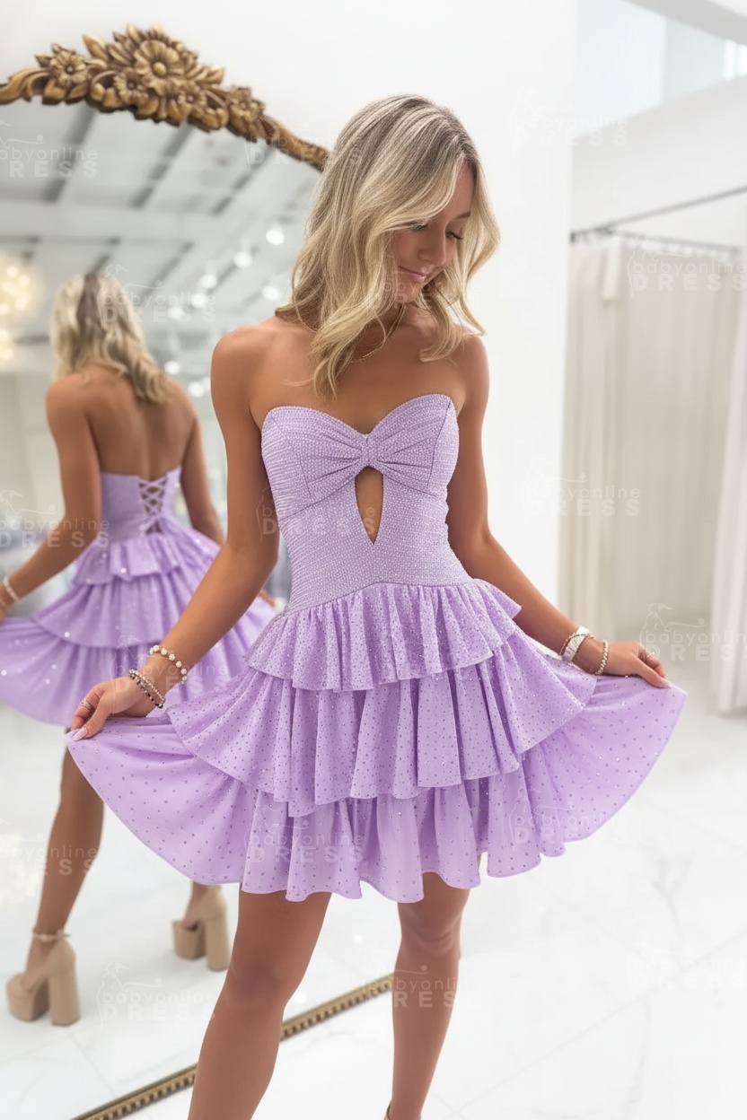 Black Sweetheart Rhinestone Bow Cutout A-Line Tiered Mini Homecoming Dress