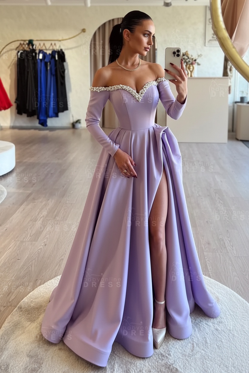 Long sleeves Pearls A-line Princess Front Split Black Prom Dresses