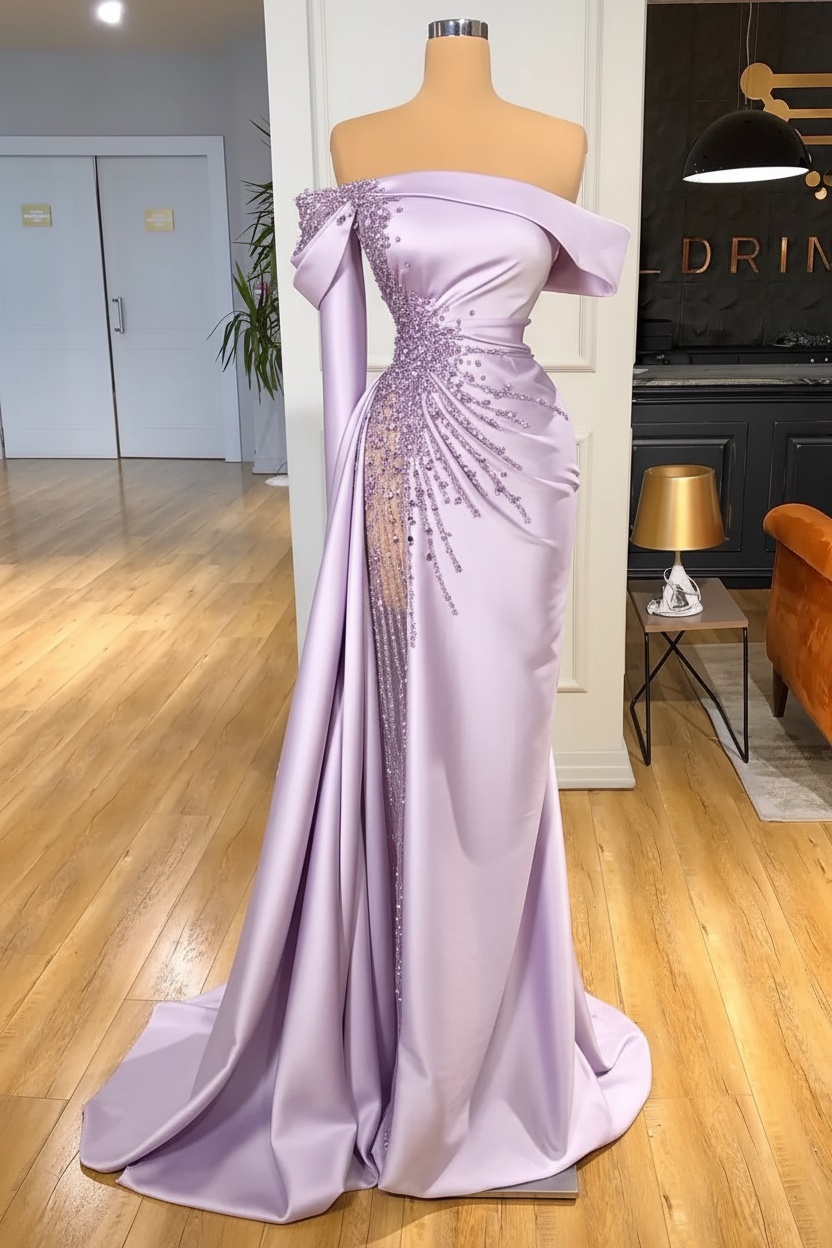 Off-the-Shoulder Satin Floor Length Prom Dress with Side Slit