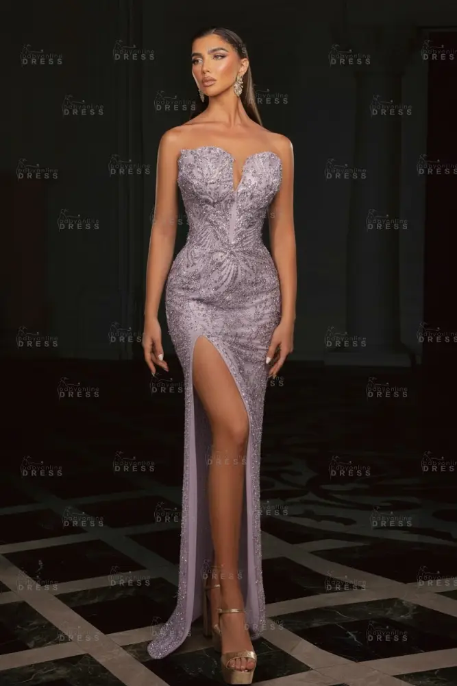 Gold Strapless Sequins Beading Split Front Column Prom Dresses