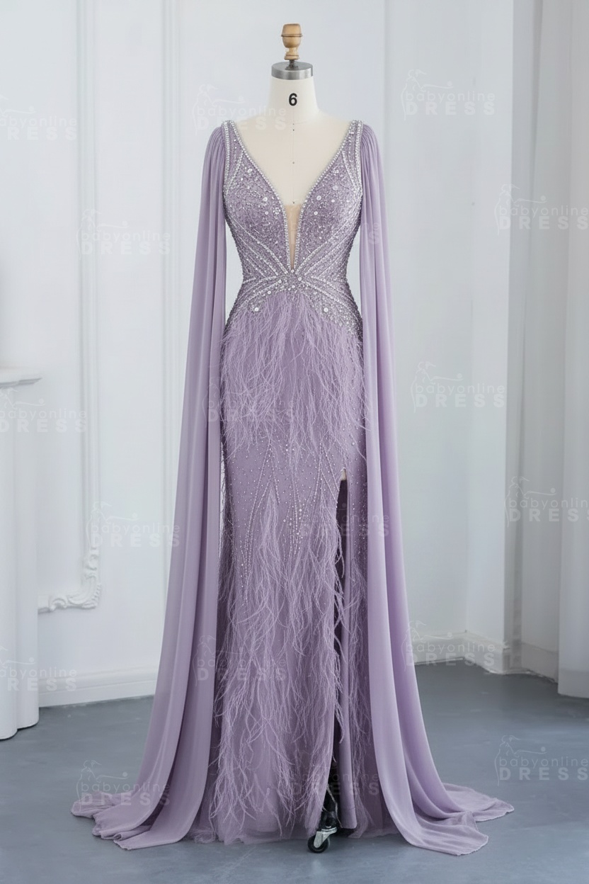 Glamorous V-Neck Fur Beadings Front Slit Mermaid Evening Gowns with Tulle with Cape Sleeves Wedding Party Dress