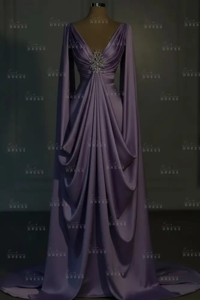 Long sleeves V-neck Satin Ruffles Mermaid Prom Dresses Floor-Length