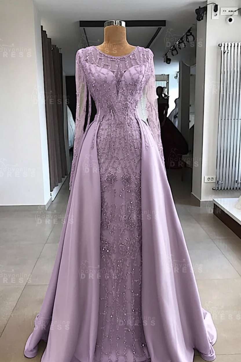 Shining Beaded Long Sleeves Round Neck Prom Dresses With Over Skirt | A Line Evening Gowns