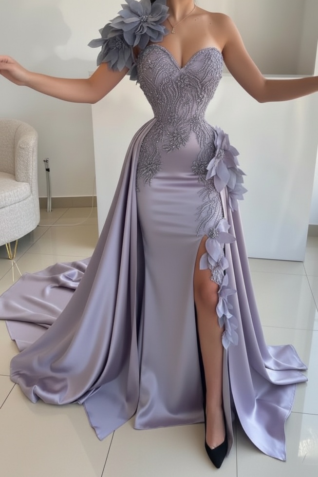 Flowers One shoulder Mermaid Long Prom Dresses with High Split