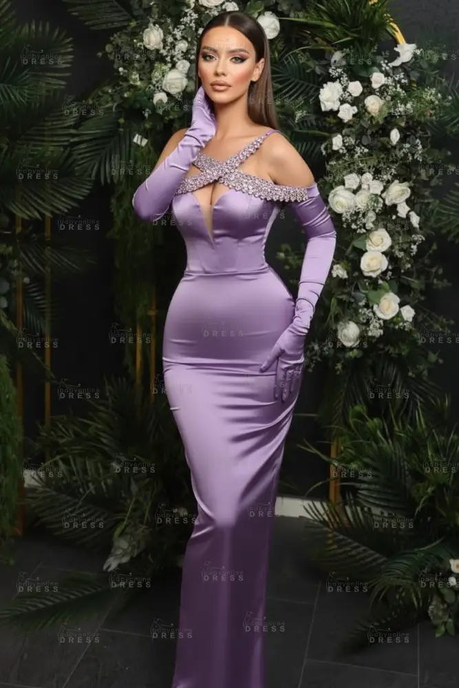 Spaghetti Straps Crystals Column Satin Prom Dresses Floor Length