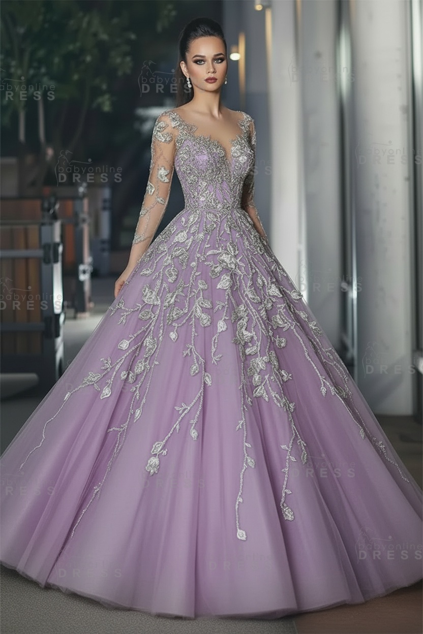Stunning Illusion Long Sleeve Sexy Evening Gowns | A-line Lace Appliques Tulle Prom Dress