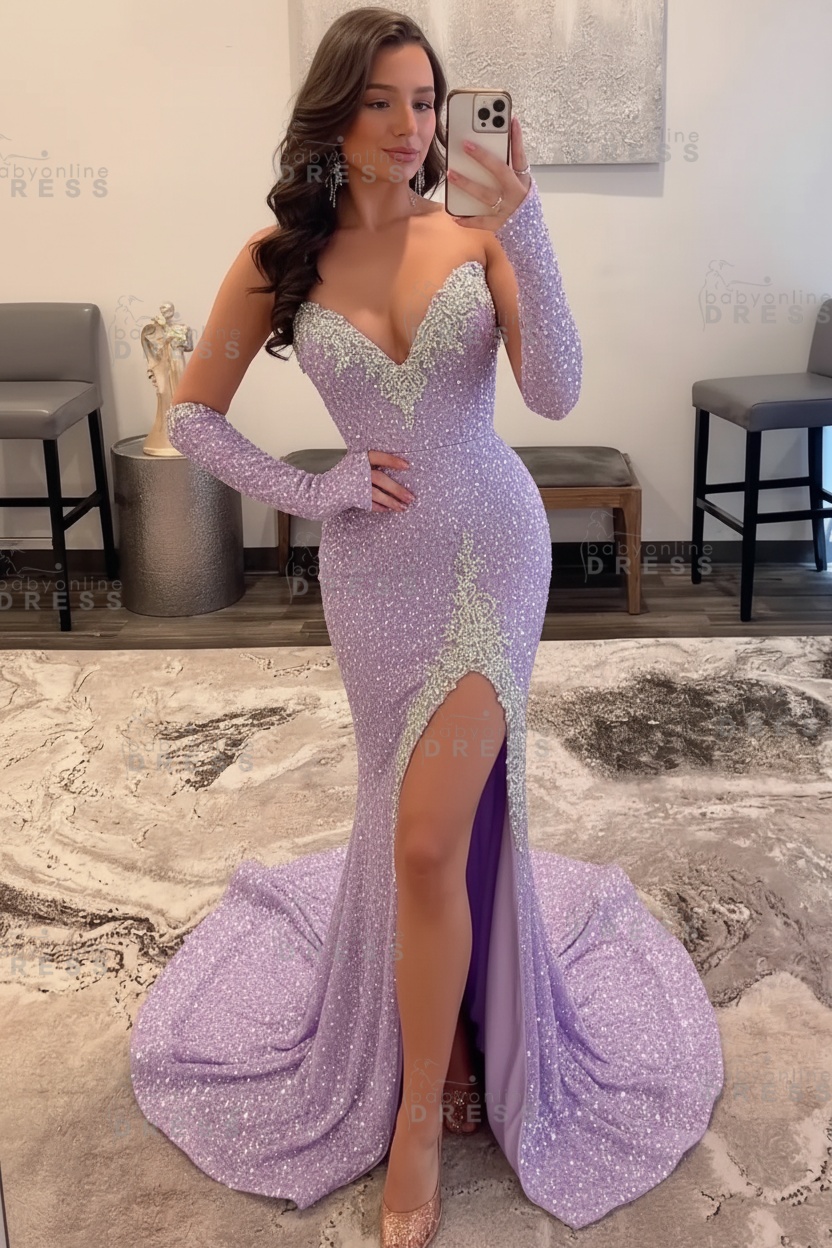 Strapless Sweetheart Sequins High Split Mermaid Prom dress with Silver Appliques